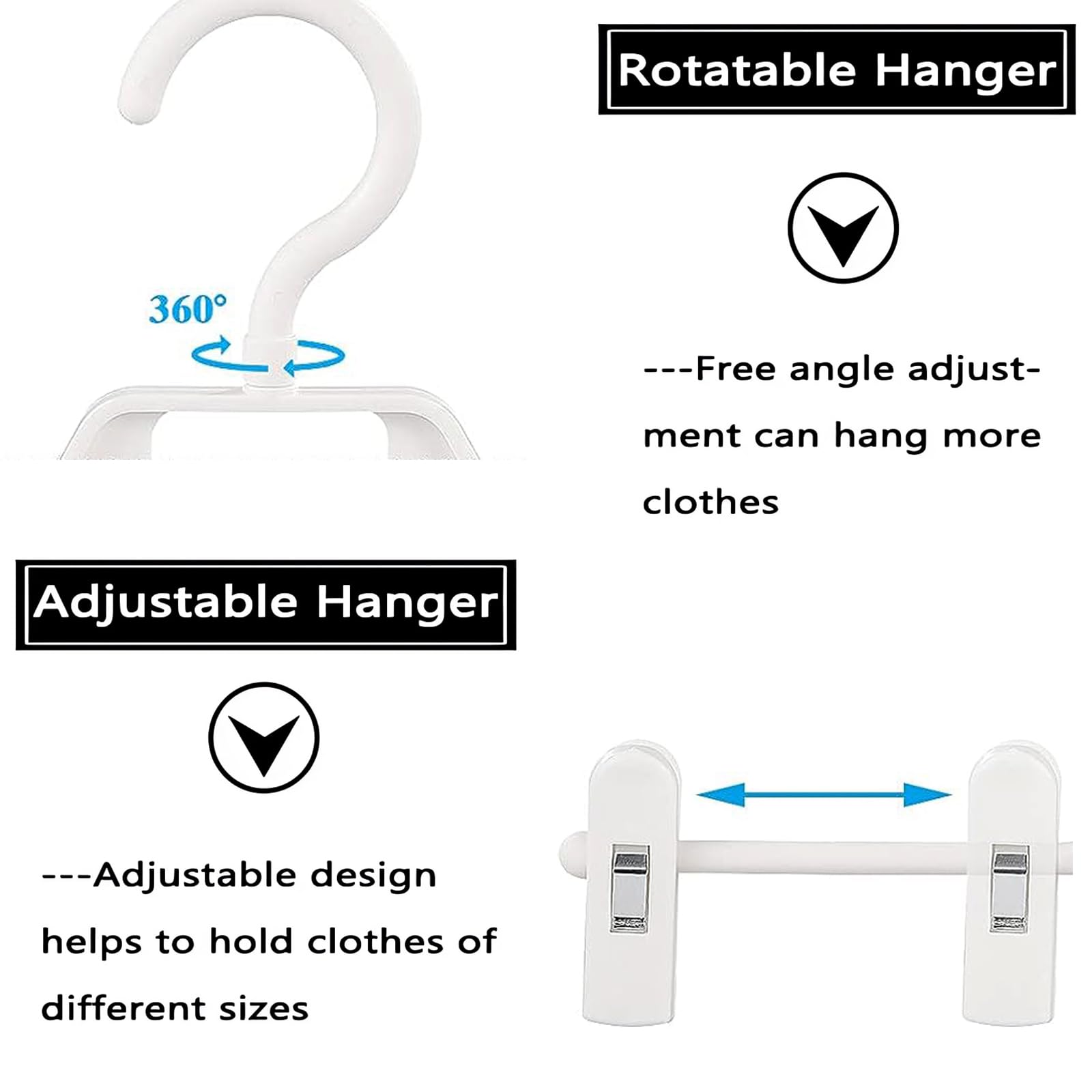 Plastic Pants Hangers, 10 Pack Pant Hangers with Clips, Clothes Hangers with 360°Rotating & Adjustable Clips, Skirt Hangers Space Saving for Kids, Adults and Girls (White)