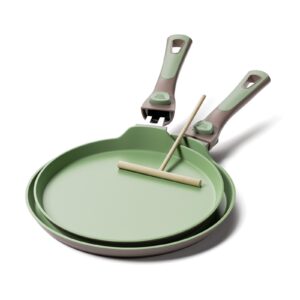 innerwell nonstick crepe pan with spreader 10&11inch crepe pan set w/detachable handle flat skillet tawa dosa tortilla pan pfoa-free compatible with all stovetops green