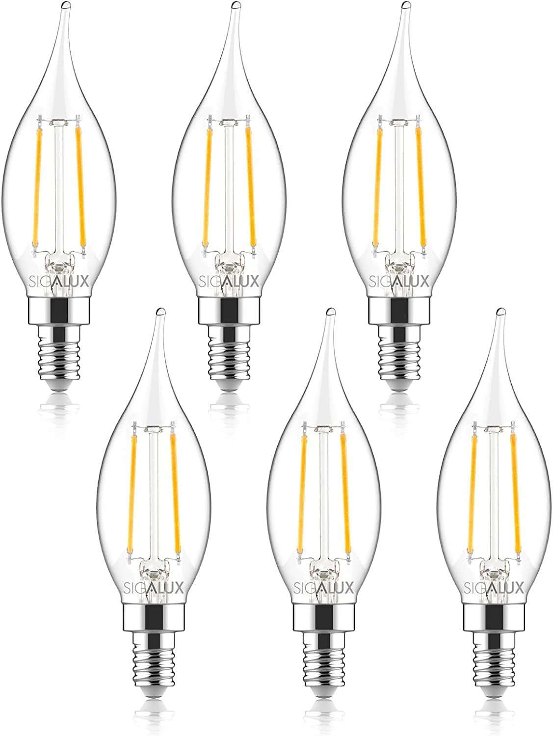 Sigalux Candelabra LED Light Bulbs Dimmable, E12 40 Watt Chandelier Light Bulbs, CA10 Flame Tip Candle Light Bulbs, 5000K Daylight, E12 LED Bulb for Chandeliers, Ceiling Fan, Pendant, 6 Pack