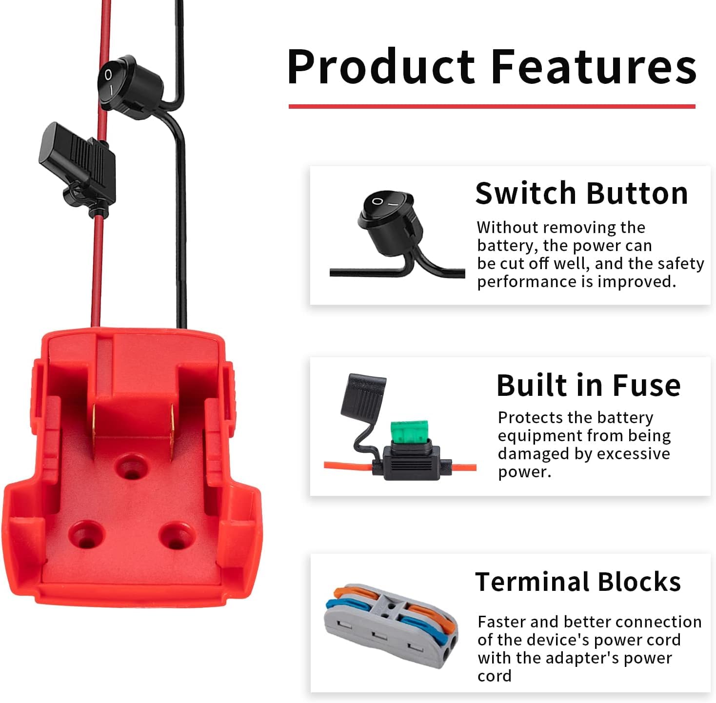 Power Wheel Adapter Set for Milwaukee 18V Battery with 14AWG Wire for Robotics, Work Lights, RC Trucks, and RC Toys