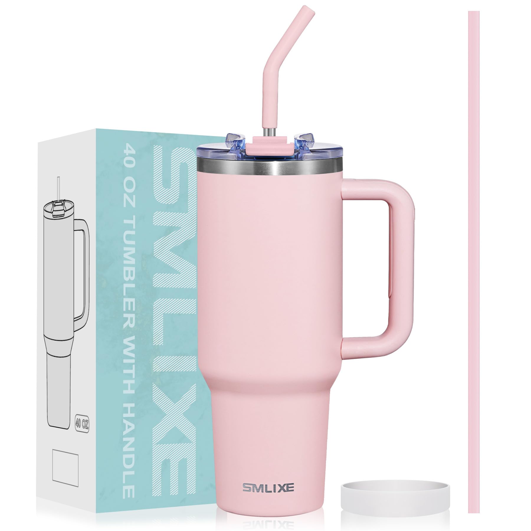 SMLIXE 40 oz Tumbler with Handle and Straw Lid,Insulated Reusable Stainless Steel Water Bottle Travel Mug，Cupholder Friendly Double Wall Vacuum Sealed Cup (Pink)