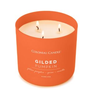 Colonial Candle Gilded Pumpkin Scented Jar Candle, Pop of Color Collection, 3 Wick, Orange, 14.5 oz - Up to 60 Hours Burn