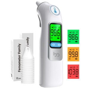 femometer family ear thermometer, highly accurate ear thermometer for kids, adults and babies, 30 memory recall, 1s result and 3-color fever alert, with 24 disposable probe covers, white