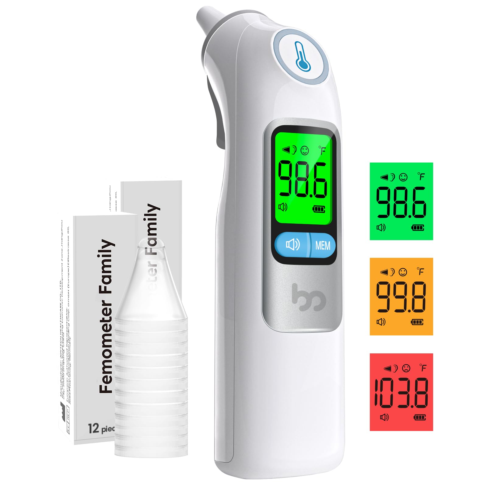 Femometer Family Ear Thermometer, Highly Accurate Ear Thermometer for Kids, Adults and Babies, 30 Memory Recall, 1s Result and 3-Color Fever Alert, with 24 Disposable Probe Covers, White