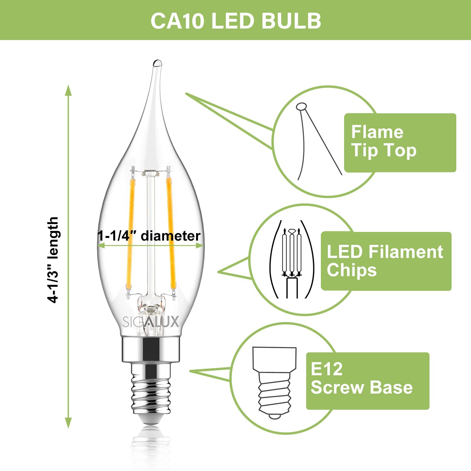 Sigalux Candelabra LED Light Bulbs Dimmable, E12 40 Watt Chandelier Light Bulbs, CA10 Flame Tip Candle Light Bulbs, 5000K Daylight, E12 LED Bulb for Chandeliers, Ceiling Fan, Pendant, 6 Pack