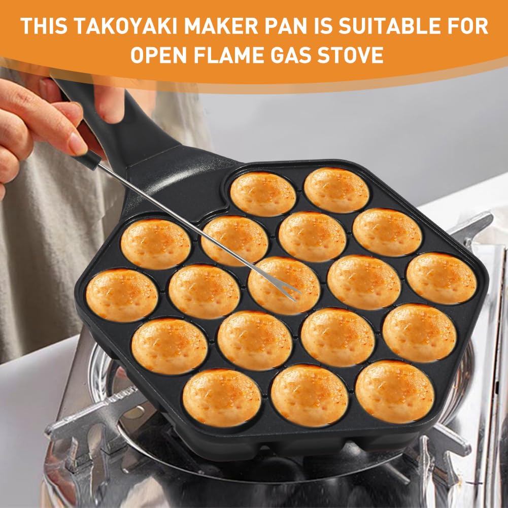 Takoyaki Grill Pan 18 Holes Takoyaki Maker Baking Pan,With Silicone Oil Brush,2pcs Barbecue Forks,1.5" Half Sphere Japanese Takoyaki Pan,for Making Takoyaki & Round Pancakes