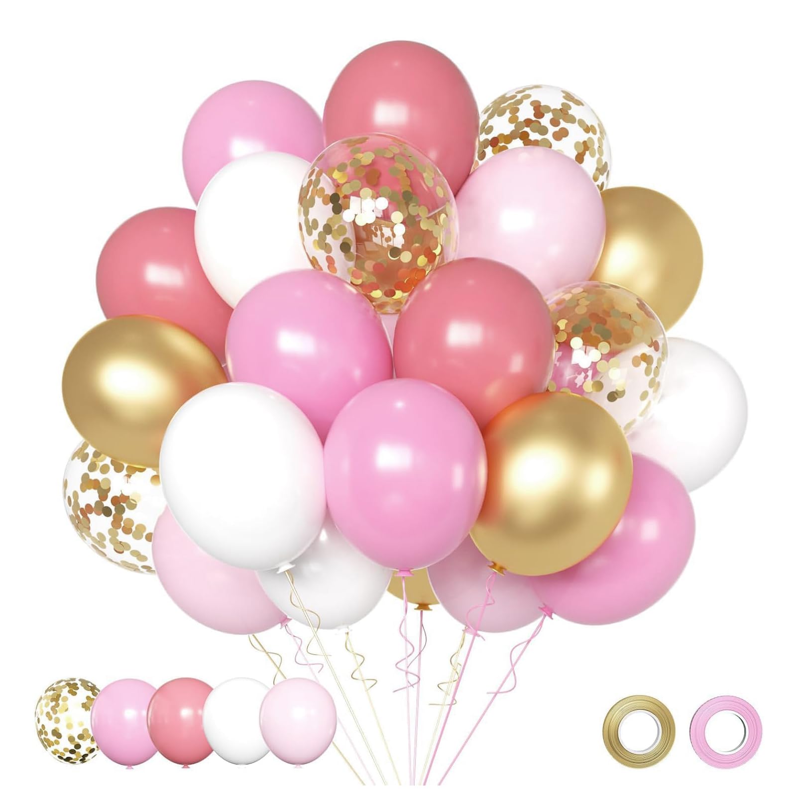 Pink and Gold Confetti Balloons Set, 50pcs 12 inch Light Pink Baby Pink White Gold Party Balloons with Ribbons for Girl Birthday Wedding Baby Shower Bridal Shower Graduation Party Decoration