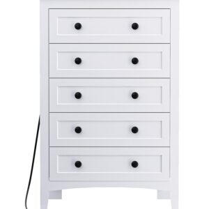 HAIOOU 5 Drawer Dresser for Bedroom, Large Storage Chest of Drawers Vertical Wooden Dresser Organizer with Power Outlets, Hidden Drawer Compartment for Living Room, Entryway - Modern White