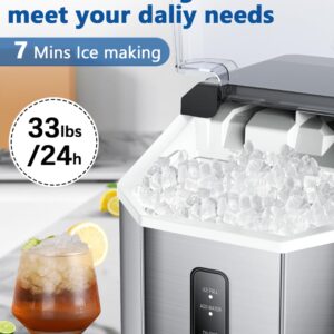 Joy Pebble Nugget Stainless Steel Ice Maker, 10,000pcs/33lbs/Day, Portable Handheld Nugget Ice Maker Machine with Handle, Ice Makers Countertop Self-Cleaning, Ice Scoop and Basket, Silver