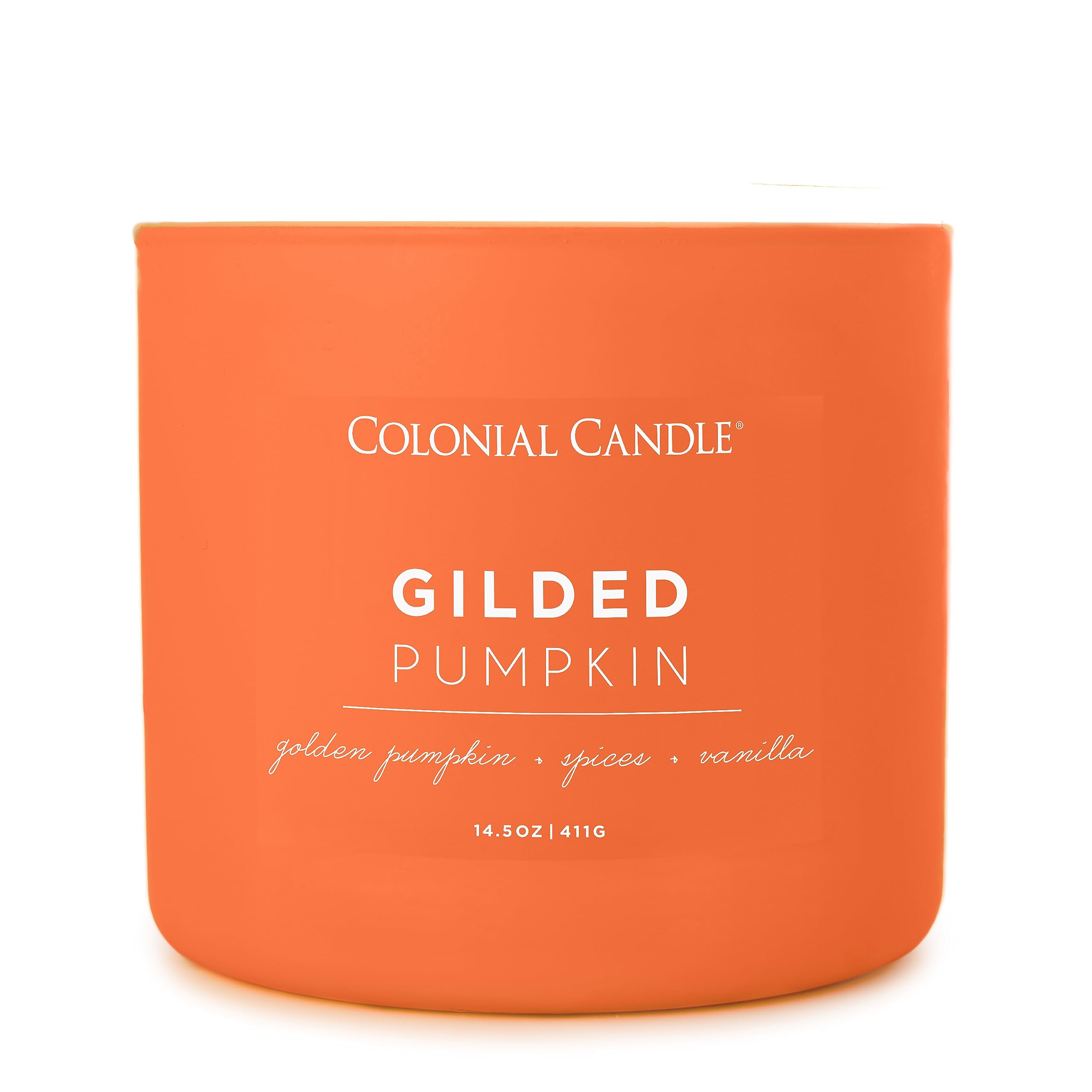 Colonial Candle Gilded Pumpkin Scented Jar Candle, Pop of Color Collection, 3 Wick, Orange, 14.5 oz - Up to 60 Hours Burn