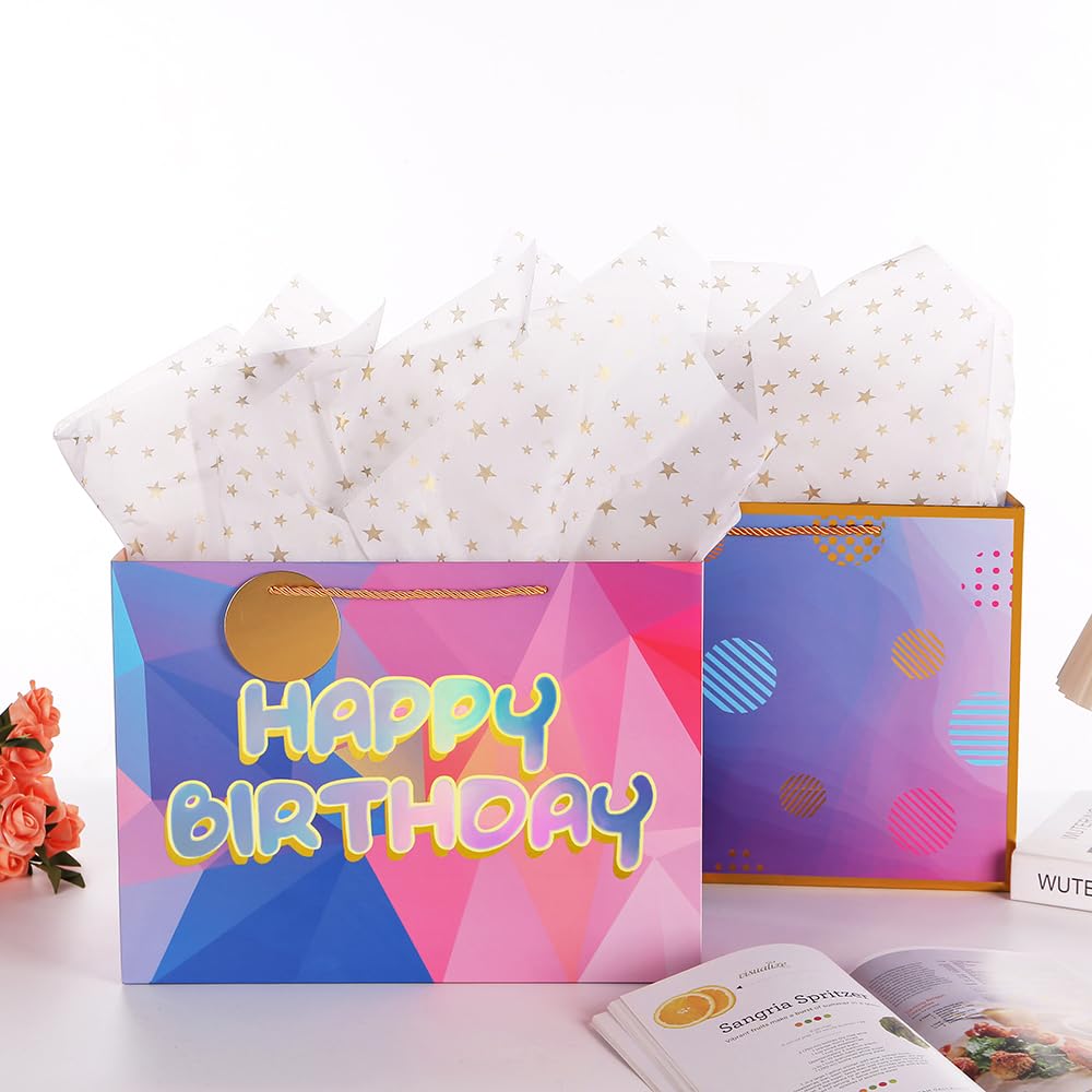 Cmecial Extra Large Birthday Gift Bag, 16'', Gold/Laser Foil, Gift Bag with Tissue Paper for Women, Girls, Kids, Party, Wedding, Christmas, Graduation, Baby Shower, Thanksgiving