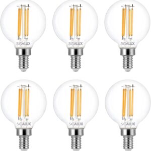 Sigalux G16.5 60W LED Light Bulb, 6 Pack, Dimmable, E12 Base, 2700K Warm White, for Chandeliers, Ceiling Fan, Pendant, 500 Lumens