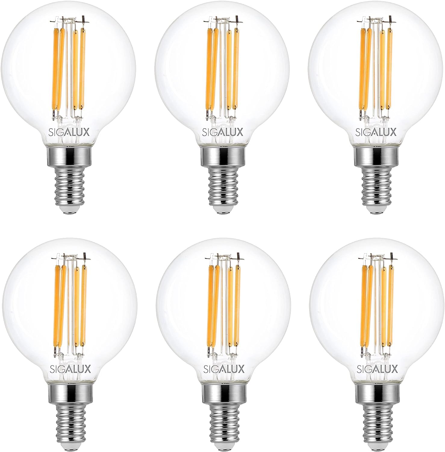 Sigalux G16.5 60W LED Light Bulb, 6 Pack, Dimmable, E12 Base, 2700K Warm White, for Chandeliers, Ceiling Fan, Pendant, 500 Lumens