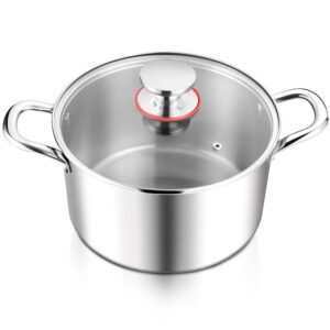 e-far 6 quart stock pot, tri-ply stainless steel cooking pot with glass lid and riveted handles, metal pasta soup pot for induction ceramic electric gas stoves, heavy duty & dishwasher safe