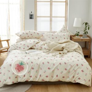 dreamingo cute strawberry duvet cover full cotton girls strawberry bedding set kawaii room decor lightweight cute bedding comforter cover with zipper ties kids teens cute aesthetic bed set full