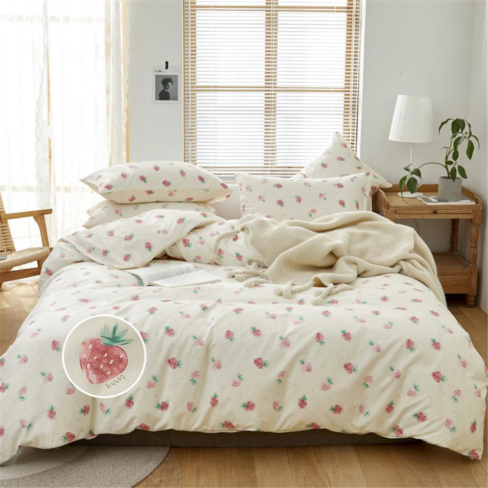 DREAMINGO Cute Strawberry Duvet Cover Full Cotton Girls Strawberry Bedding Set Kawaii Room Decor Lightweight Cute Bedding Comforter Cover with Zipper Ties Kids Teens Cute Aesthetic Bed Set Full