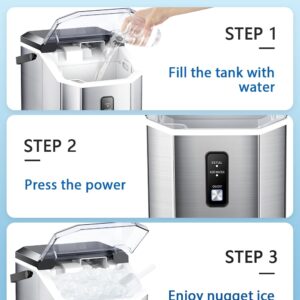 Joy Pebble Nugget Stainless Steel Ice Maker, 10,000pcs/33lbs/Day, Portable Handheld Nugget Ice Maker Machine with Handle, Ice Makers Countertop Self-Cleaning, Ice Scoop and Basket, Silver