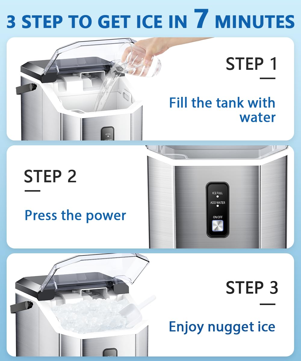 Joy Pebble Nugget Stainless Steel Ice Maker, 10,000pcs/33lbs/Day, Portable Handheld Nugget Ice Maker Machine with Handle, Ice Makers Countertop Self-Cleaning, Ice Scoop and Basket, Silver