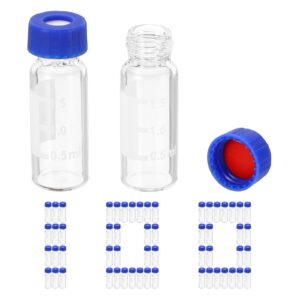 patikil 2ml autosampler vial, 100 pack hplc/gc vials 9-425 lab clear vials sample vial screw cap writing patch red ptfe & white silicone septa for lc stamper