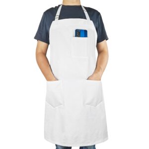 dccpaa professional cooking apron chef designed for kitchen bbq grill,chef, hobby and workshop -10 oz 100% cotton twill for women and men bib adjustable straps with 3 pockets-white