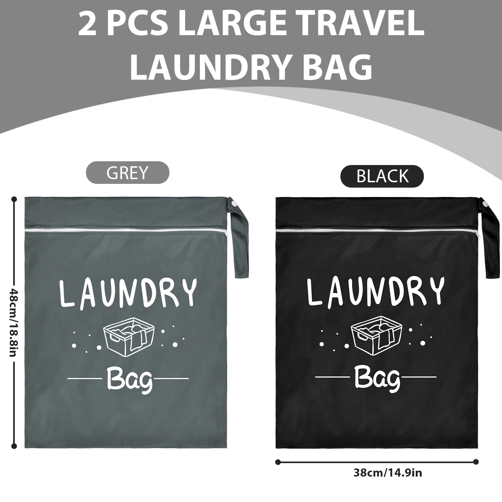 Large Travel Laundry Bags with Zipper, Waterproof Wet Dry Diaper Bags for Dirty Clothes Suitcase, Swimwear, Gym Clothes, Washable Camp Laundry Bag Sleepaway Suitable for Fitness (Black+Grey)