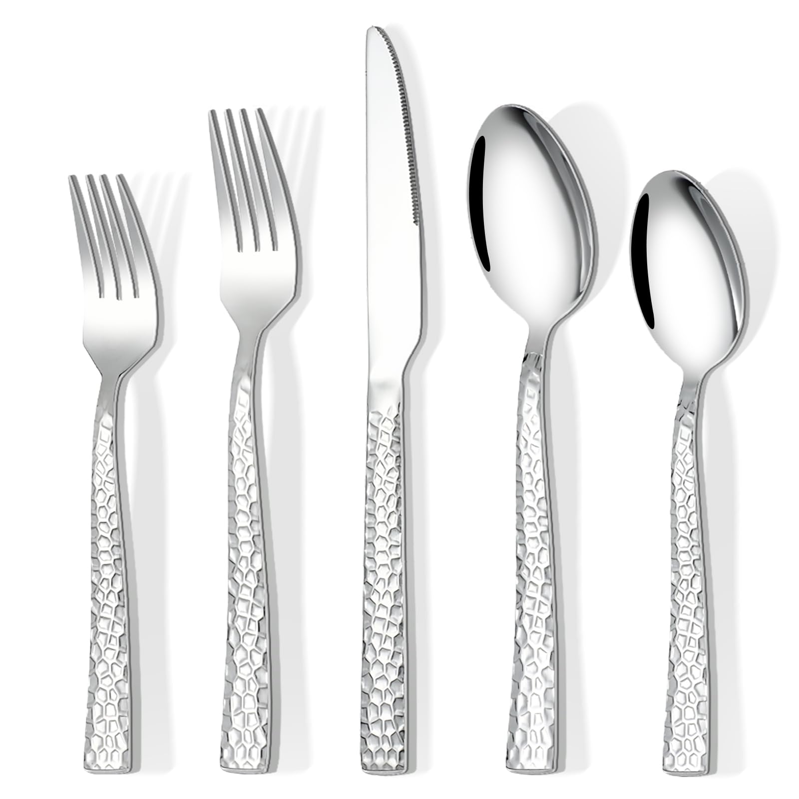 20-Piece Hammered Silverware Set, Food-Grade Stainless Steel Flatware Set for 4, Cutlery Set, Home Kitchen Utensil Set, Include Knifes Forks and Spoons Silverware Set, Mirror Finish, Dishwasher Safe