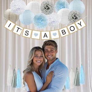 Baby Shower Decorations Boy (Blue, White, Grey)- It's A Boy Banner, Tissue Paper Poms, Paper Lanterns and Tassels Garland- Baby Boy Gender Reveal Birthday Party Decorations