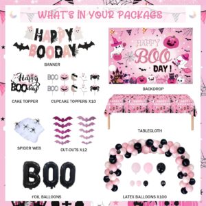 135 PCs Happy Boo Day Party Decorations, Fiesec Halloween Themed Pink and Black Birthday Party Decorations Backdrop Balloon Garland Spider Web Banner Tablecloth Cake Topper Little Ghost