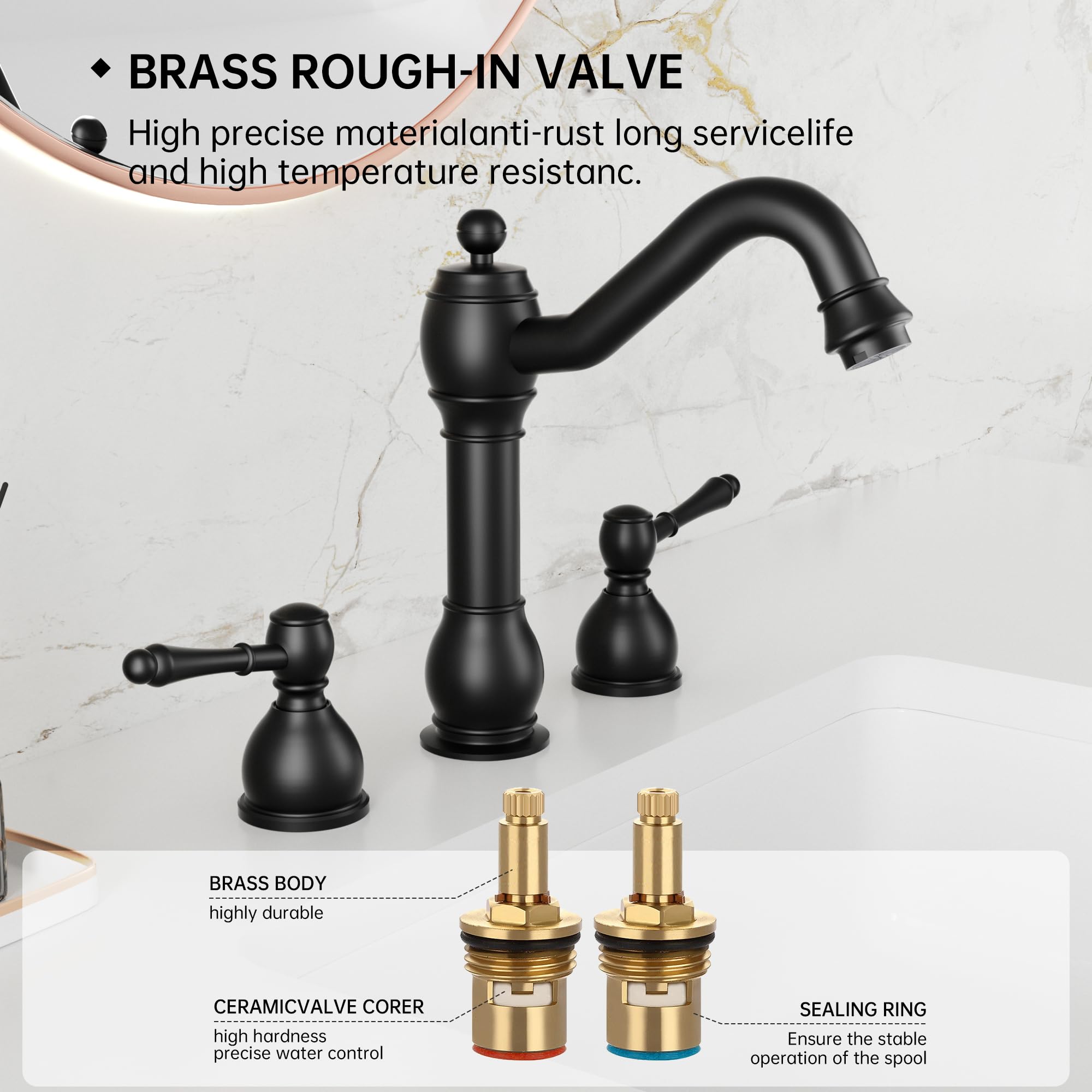 BASDEHEN widespread Bathroom Faucet, 8 inch 2 Handles 3 Holes Solid Brass Bathroom Sink Faucet (Drain Assembly Not Included) (Matte Black)