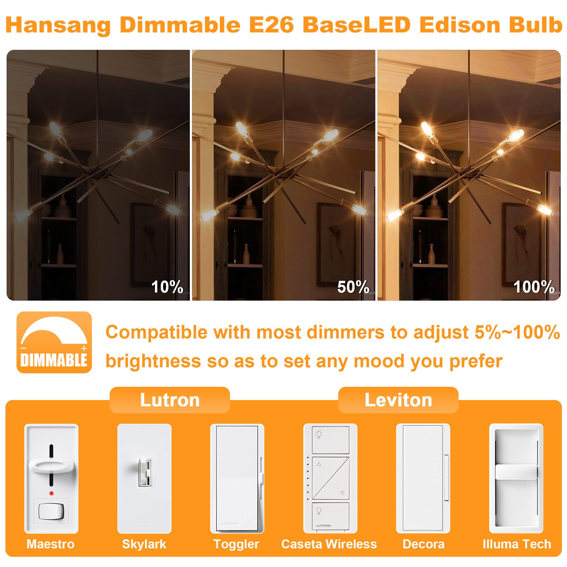 hansang E26 Edison LED Bulb, 40W Equivalent, 3000K Warm White Dimmable Tubular T10 LED Bulb, E26 Base Light Bulbs for Chandelier, Decorative Light Bulbs with Clear Glass, 120V, CRI85+, 400LM, 6 Pack