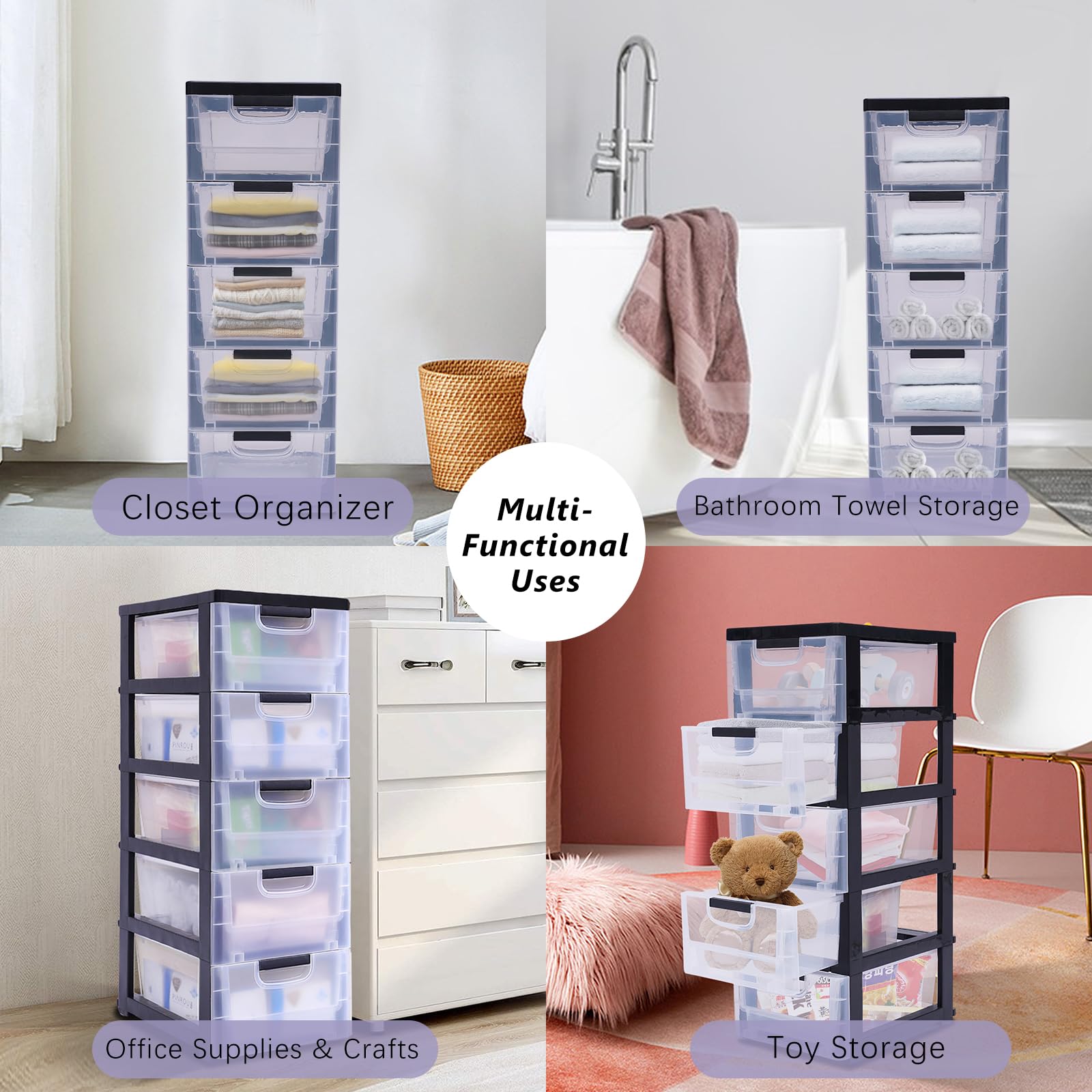 PIAOCAIYIN 5 Drawer Storage Organizer, Plastic Drawers Stackable, Vertical Storage Tower, Plastic Storage Dresser, Storage Cabinet Drawers Organizer for Clothes Toys, Large Capacity -Transparent