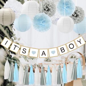 baby shower decorations boy (blue, white, grey)- it's a boy banner, tissue paper poms, paper lanterns and tassels garland- baby boy gender reveal birthday party decorations