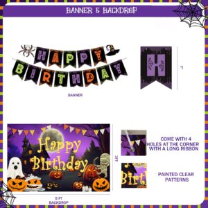 Fiesec Halloween Birthday Party Decorations, Halloween Themed Birthday Party Decorations Backdrop Happy Birthday Banner Balloon Garland Tablecloth Cake Topper Spider Ghost Purple Black Orange