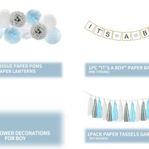 Baby Shower Decorations Boy (Blue, White, Grey)- It's A Boy Banner, Tissue Paper Poms, Paper Lanterns and Tassels Garland- Baby Boy Gender Reveal Birthday Party Decorations