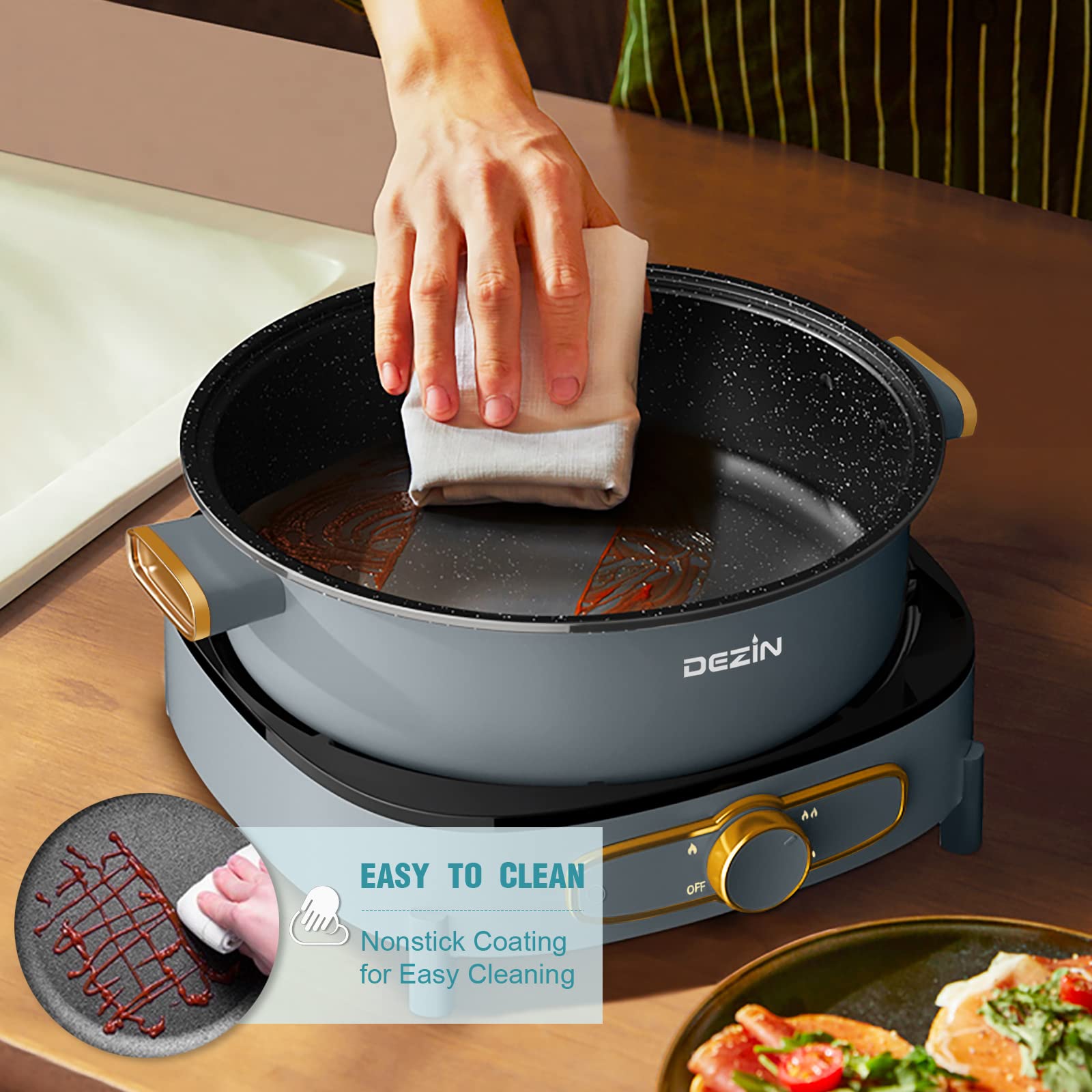 Dezin Electric Shabu Shabu Pot with Removable Pot, 5L Non-Stick Hot Pot Electric with Multi-Power Control, 3.7" Depth Electric Pot with Tempered Glass Lid for Party, Family and Friend Gathering