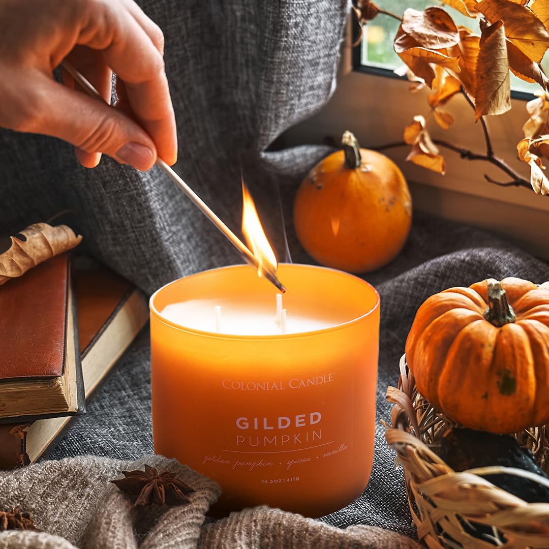 Colonial Candle Gilded Pumpkin Scented Jar Candle, Pop of Color Collection, 3 Wick, Orange, 14.5 oz - Up to 60 Hours Burn