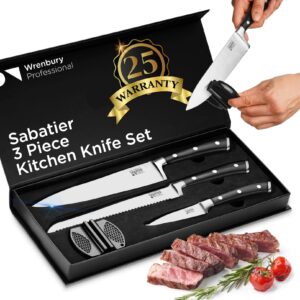 wrenbury professional kitchen knives set of 3 german grade - sabatier ultra sharp stainless steel with sharpener - full tang chef knife set - all purpose utility set