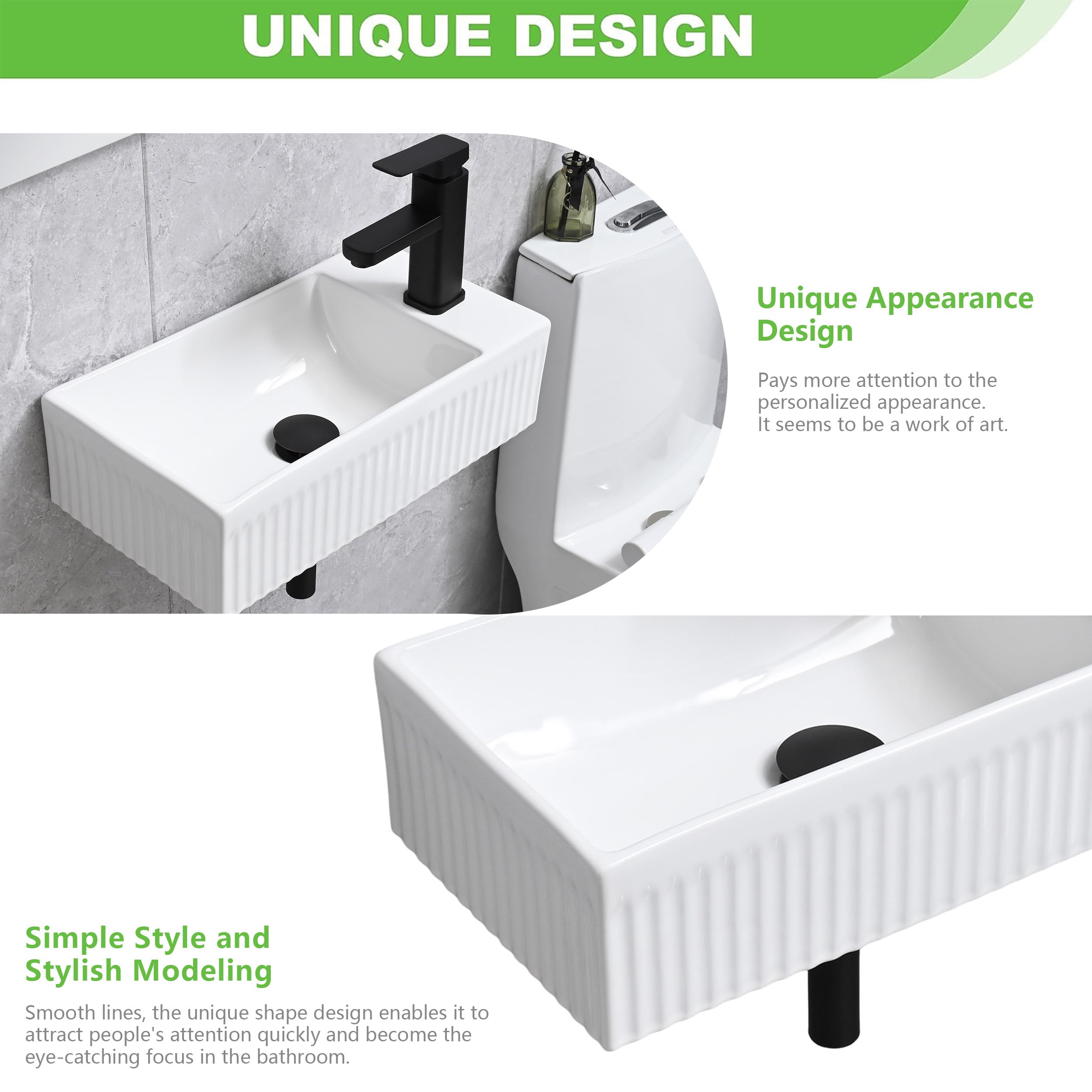 Hiomiestiy Bathroom Vessel Sink Wall Mount Sink White Wall Mounted Rectangular Bathroom Sink with Faucet and Drain White Porcelain Ceramic Washing Small Bathroom Vanity Sink