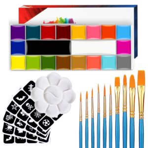 face paint,20 colors face paint - face painting kit,water based face painting kit for kids party with 10 brushes 5 sticker stencils and paint tray ，body paint for kids and adults halloween makeup