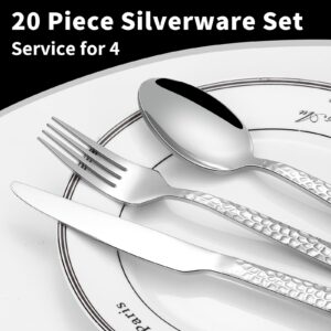 20-Piece Hammered Silverware Set, Food-Grade Stainless Steel Flatware Set for 4, Cutlery Set, Home Kitchen Utensil Set, Include Knifes Forks and Spoons Silverware Set, Mirror Finish, Dishwasher Safe