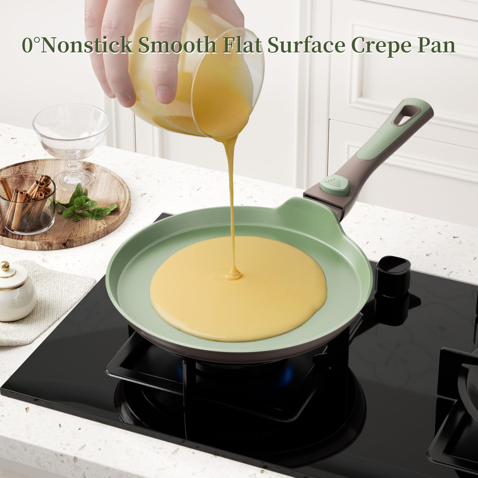 Innerwell Nonstick Crepe Pan with Spreader 10&11Inch Crepe Pan Set W/Detachable Handle Flat Skillet Tawa Dosa Tortilla Pan PFOA-Free Compatible with All Stovetops Green