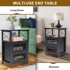 Caredear Black Wood and Metal Nightstand with Mesh Doors - 16" L x 12" W x 24" H Small Industrial End Table with Storage, Narrow Wood Side Table with 2 Drawers, Black Sofa Side Table for Small Space