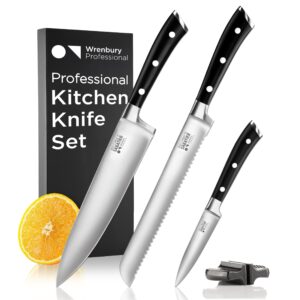 Wrenbury Professional Kitchen Knives Set of 3 German Grade - Sabatier Ultra Sharp Stainless Steel with Sharpener - Full Tang Chef Knife Set - All Purpose Utility Set