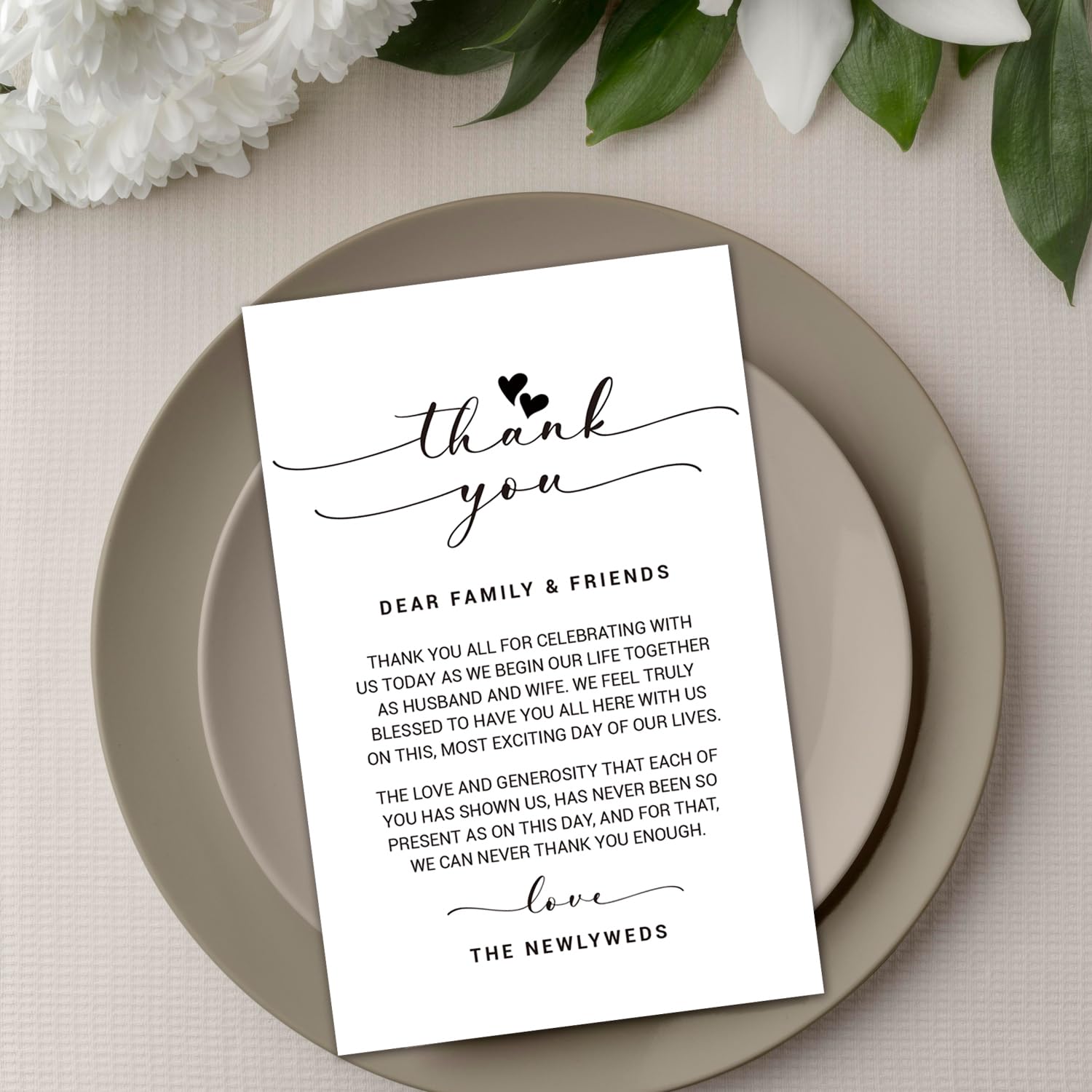 50 Thank You Placecards for Wedding, Wedding Thank You Place Setting Cards for Table Reception, Dinner Plates, Wedding Reception Thank You Cards, Heart Script,4 x 6 inch.