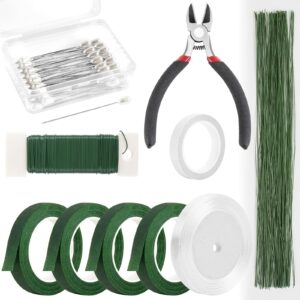 nescci floral arrangement kit with green floral tape and wire,26 gauge floral stem wire,22 gauge floral wire,boutonniere pin for bouquet stem wrap florist.