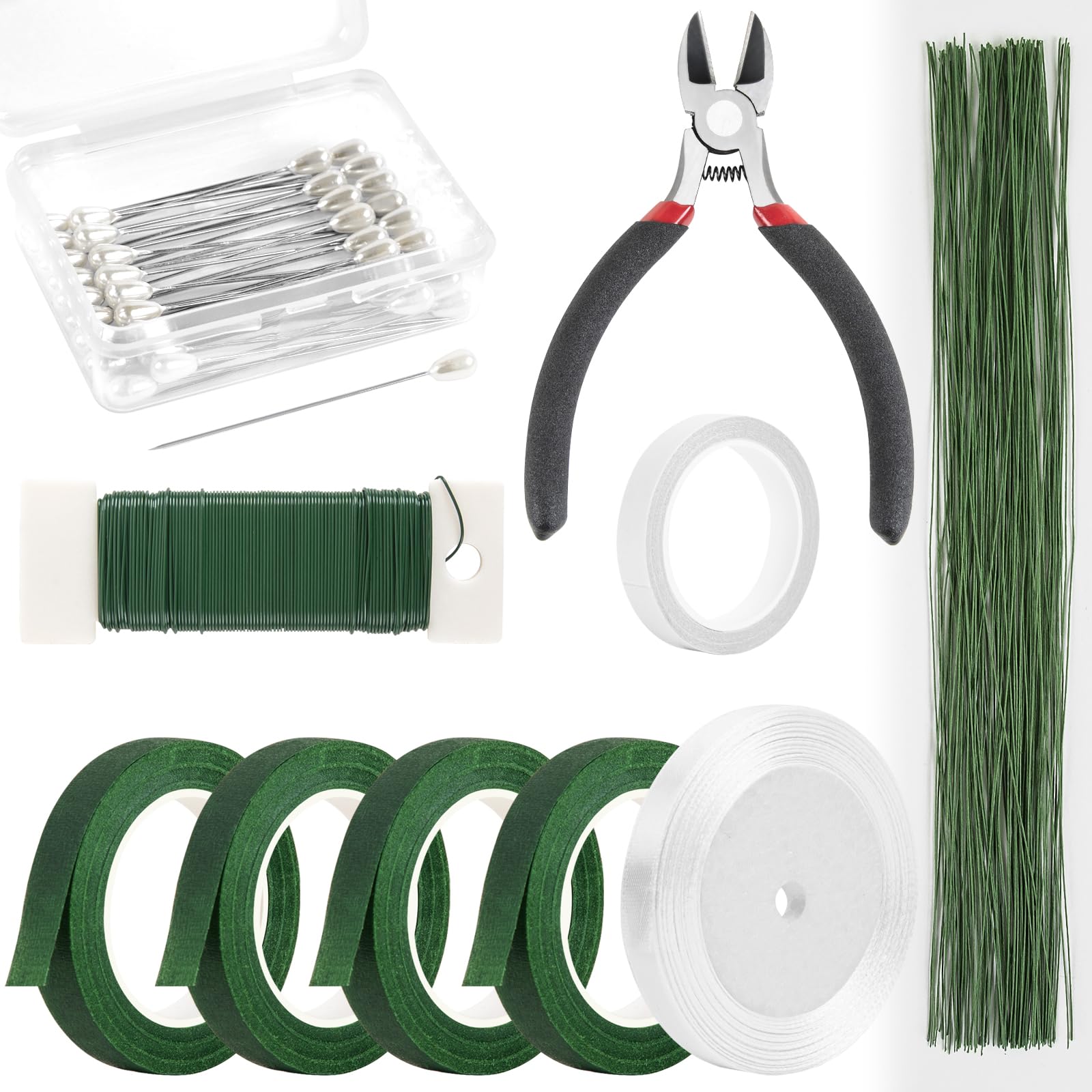 NESCCI Floral Arrangement Kit with Green Floral Tape and Wire,26 Gauge Floral Stem Wire,22 Gauge Floral Wire,Boutonniere Pin for Bouquet Stem Wrap Florist.