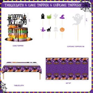 Fiesec Halloween Birthday Party Decorations, Halloween Themed Birthday Party Decorations Backdrop Happy Birthday Banner Balloon Garland Tablecloth Cake Topper Spider Ghost Purple Black Orange