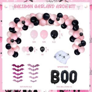 135 PCs Happy Boo Day Party Decorations, Fiesec Halloween Themed Pink and Black Birthday Party Decorations Backdrop Balloon Garland Spider Web Banner Tablecloth Cake Topper Little Ghost