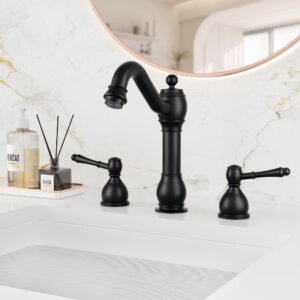 BASDEHEN widespread Bathroom Faucet, 8 inch 2 Handles 3 Holes Solid Brass Bathroom Sink Faucet (Drain Assembly Not Included) (Matte Black)