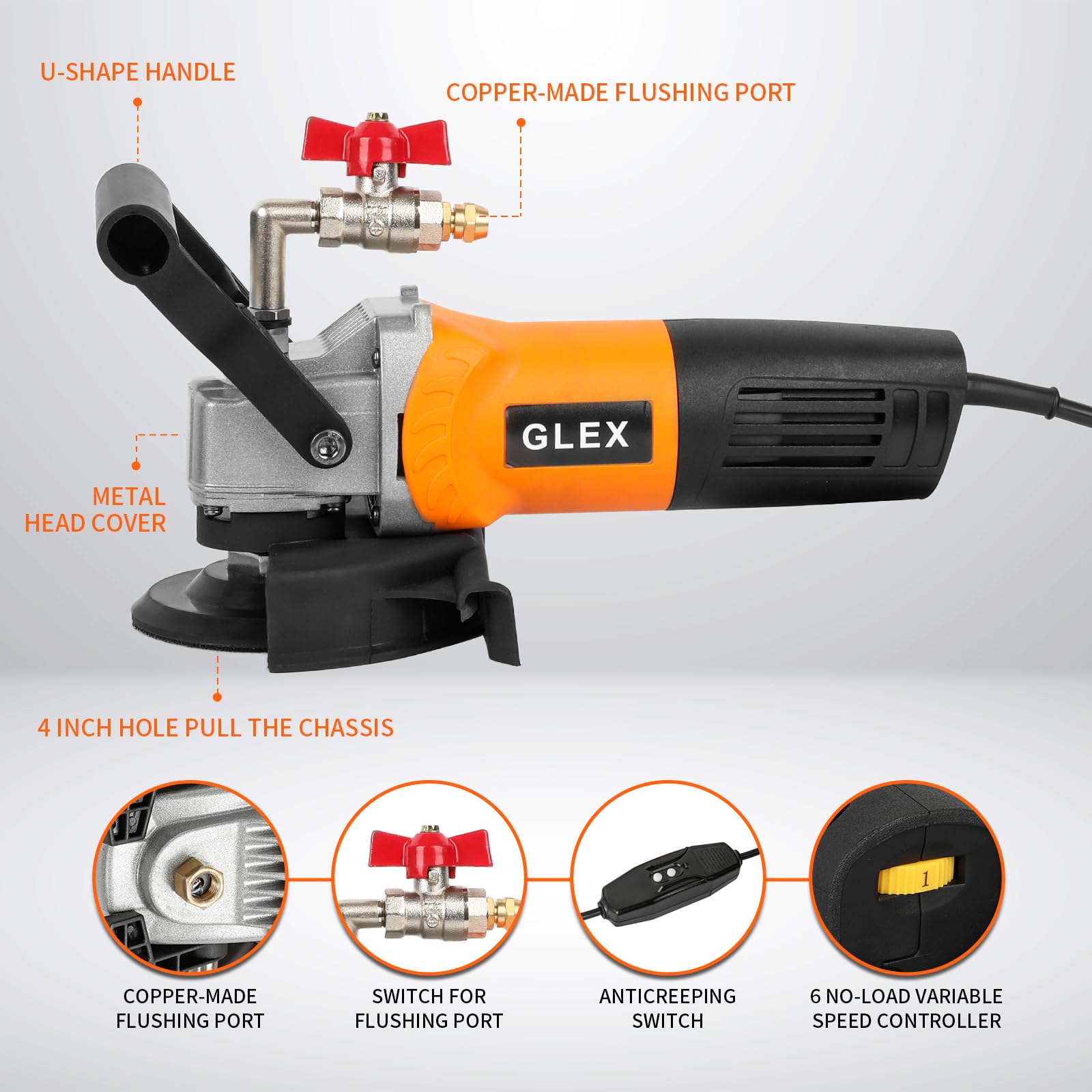 GLEX 800W/4"-GFCI Leakage Protection Professional Wet Polishing Machine for Granite，Marble Tile Stone and Concrete Countertops Marble Water Polishing Machine Stone Polishing Machine Dry Polishing Mach